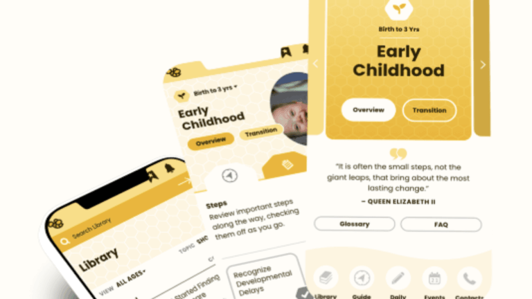 a smartphone shows three pages from the app. Two say early childhood and one says library.
